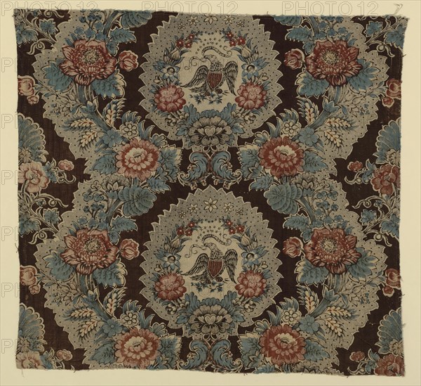 E Pluribus Unum (From the Many, One) (Furnishing Fabric), Manchester, 1825/35. Floral print with American eagle.