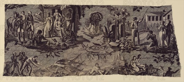 'Paul and Virginie'  Furnishing Fabric, Nantes, 1800/10. Engraved by Charles Melchior Descourtis after Jean Michel Moreau, based on the story by Bernardin de Saint-Pierre.