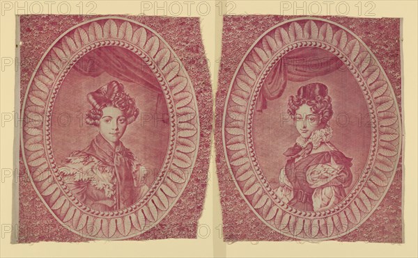 Panels (Furnishing Fabric), Munster, c. 1830. Two fragments featuring young women with elaborate hairstyles. Engraved by François Pieters, manufactured by Hartmann et Fils.