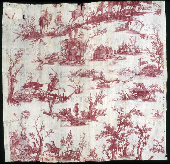 La Chasse au cerf et au sanglier (Furnishing Fabric), France, c. 1780. Deer and wild boar hunting. Engraved by Johann Elias Ridinger after Philip Wouverman, manufactured by Christophe Phillipe Oberkampf.