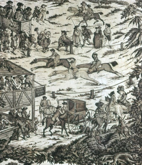 Horseracing at the Turf Inn (Furnishing Fabric), England, c. 1780. Horseracing: spectators; jockeys and horses; carriages arriving at the tavern. Engraved by John Williams Edy after John Nost Sartorius.