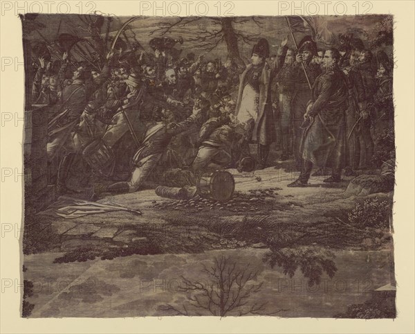 Le Retour de L'Ile d'Elbe (The Return from the Isle of Elba) (Furnishing Fabric), Nantes, c. 1830. Napoleon is welcomed by adoring troops on his return from exile. Engraved by Samuel Cholet after lithographs by Nicolas Toussaint Charlet, manufactured by Favre- Petitpierre et Cie.