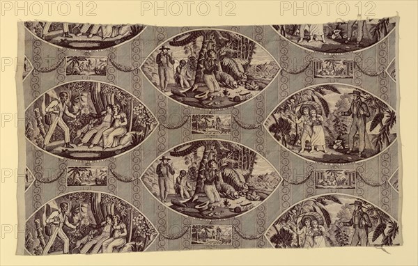 'Paul and Virginie', Furnishing Fabric, France, after 1818. Engraved by Tony Johannot and others after works by Jean Michel Moreau and Jean Frederic Schall, based on the story by Bernardin de Saint-Pierre, manufactured by Oberkampf Manufactory.
