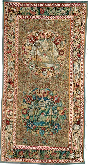 Millefleur with Medallions, Bruges, 1540/60. Two circular scenes within decorative frames, border of flowers and fruit.