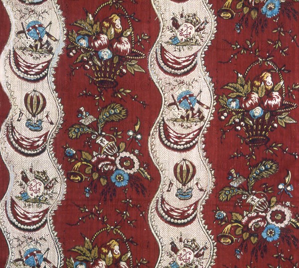 Panel (Furnishing Fabric), Nantes, c. 1785. Floral print with hot air balloon motif.