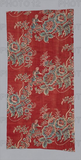 Eros Gathering Flowers (Furnishing Fabric), Bolbec, c. 1800. Floral print with motifs of bow and quiver, and the god of love picking flowers.