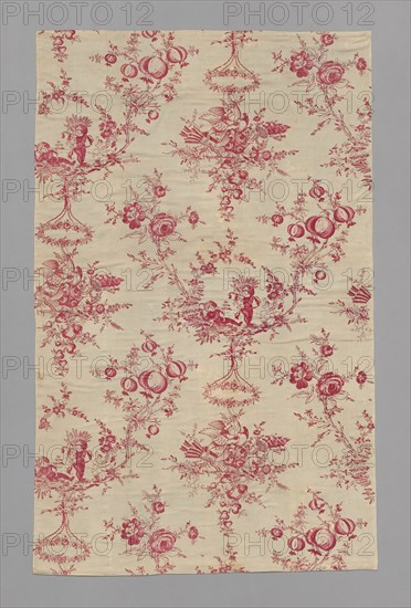 Children Harvesting (Furnishing Fabric), Orléans, 18th century. Floral print; doves, cherubs cutting and gathering corn.