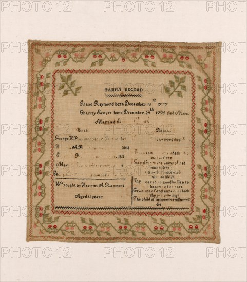 Sampler, United States, c. 1819. 'Family Record'. The maker was aged 15.