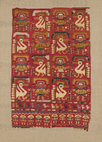 Panel, Peru, 1000/1476. Human figures and birds wearing crescent headdresses.