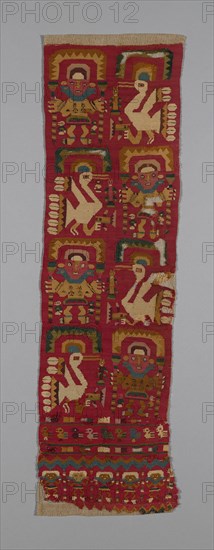 Panel, Peru, 1000/1476. Human figures and birds wearing crescent headdresses.