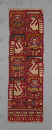 Panel, Peru, 1000/1476. Human figures and birds wearing crescent headdresses.