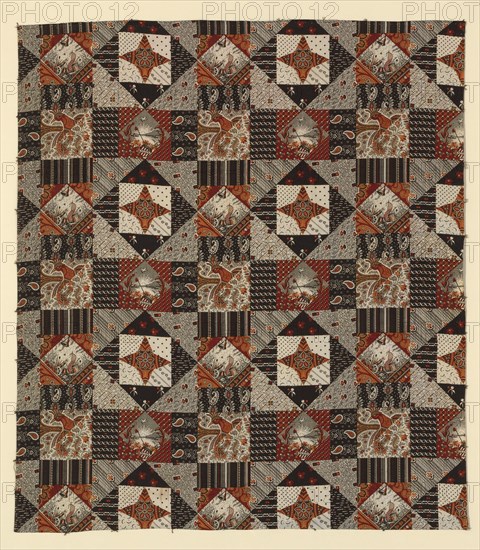 Centennial Print (Furnishing Fabric), New Hampshire, c. 1875. Floral patchwork effect design produced to celebrate the 100th anniversary of the signing of the US Declaration of Independence, with patriotic motifs: Liberty Bell and Cap, American flag, cannon, drum etc. Manufactured by Cocheco Cotton Manufacturing Company.