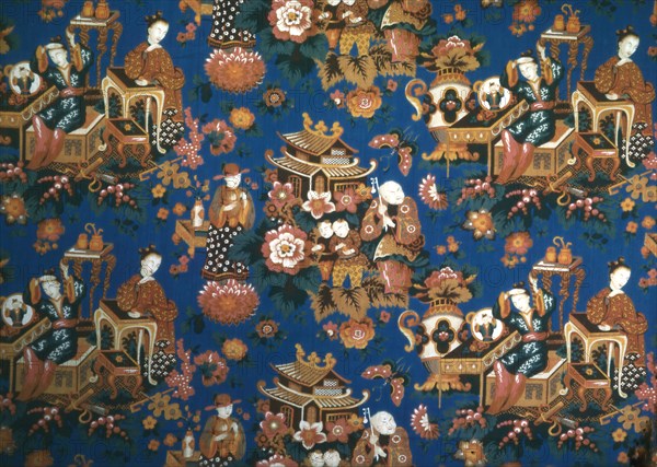 A Chinese Tea Party (Furnishing Fabric), Manchester, c. 1854. Chinese-inspired design. Manufactured by Daniel Lee & Co.