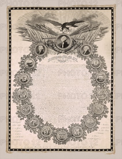 Panel (Furnishing Fabric), Lyon, 1820. 'In Congress, July 4th 1776, The Unanimous Declaration of the Thirteen United States of America', text of the US Declaration of Independence with portraits of presidents and crests of the 13 states. Manufactured by H. Brunet et Cie.