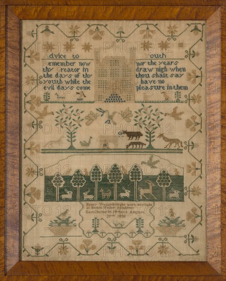 Sampler, New York, 1838. 'Advice to Youth; Remember now thy Creator in the days of thy youth while the evil days come; nor the years draw nigh when thou shalt say I hae no pleasure in them'. [Ecclesiastes 12:1]. Nancy Vredenburghs work wrought at Mount Tabor Academy East Chester in 14 days August 29th 1838'.