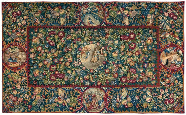 Table Carpet (Depicting Scenes from the Life of Christ), Netherlands, 1600/50. The Circumcision in the Temple, the Angel announcing the birth of Christ to the Shepherds, the Three Wise Men, the Annunciation.