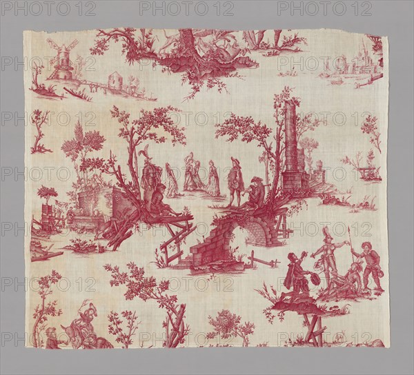 Don Quichotte (Don Quixote) (Furnishing Fabric), France, c. 1785. Scenes from the novel by Cervantes. Possibly after design by Jean Jacques Lagrenèe le Jeune after engravings by Charles Nicolas Cochin l'Aîné, Magdaleine Hortenels Cochin, Jean Baptiste Haussard and Louis Silvestre l'Aîné, based on paintings by Charles Antoine Coypel.