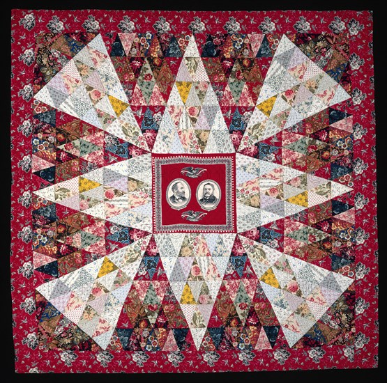 Garfield and Arthur Quilt, Pennsylvania, c. 1880. Patchwork quilt featuring a promotional handkerchief with portraits of James A. Garfield and Chester B. Arthur who ran for, and won, the 1880 US election. (President Garfield was assasinated less than four months after being elected, and Vice President Arthur succeeded to the presidency). Quilt possibly made by Annie Ensminger Kready or Louisa Ensminger.