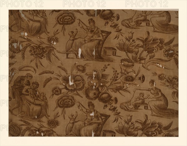 Panel (Furnishing Fabric), England, 1801/25. Floral print with vignettes of family life. Possibly designed by Adam Buck.