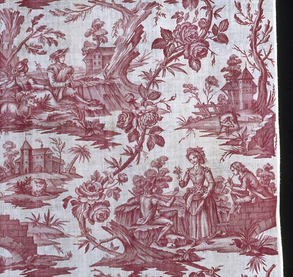 Panel (Furnishing Fabric), France, c. 1785. Floral print with rustic vignettes. Possibly manufactured by Oberkampf Manufactory.