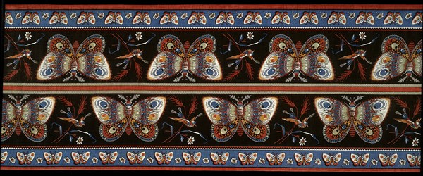 Panel (Furnishing Fabric), England, 1856. Roller-printed cotton cloth with butterfly motif, to be cut down the middle and used as borders for bedcovers and furnishings. Printed and manufactured by Lancaster Prints.
