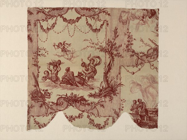 Les Quatre Éléments (The Four Elements) (Furnishing Fabric), France, c. 1780. Water nymphs with coral and sheashells, and stylised dolphin. Probably after Jean Jacques Lagrenée le Jeune from engravings by Charles Dupuis and Louis Desplaces after Louis de Boullongne le Jeune, manufactured by Oberkampf Manufactory.