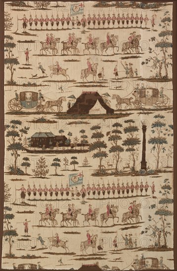 The Irish Volunteers (Furnishing Fabric), Kildare, 1782. Soldiers on parade, flag reading 'Loyal and Determined'. Probably designed by Gabriel Beranger, printed by Thomas Harpur.