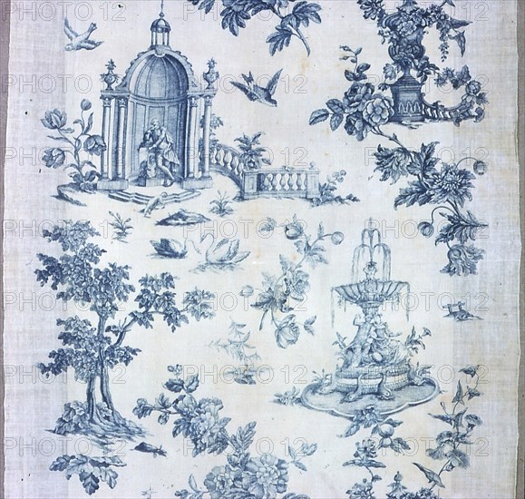 Shakespeare Monument with Fantastic Fountains and Trees (Furnishing Fabric), England, 1770/89. Probably manufactured by John Munns or John Nixon & Co.