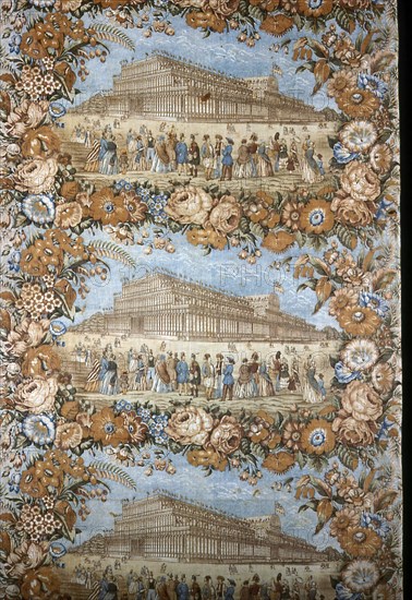 Panel (Furnishing Fabric), England, c. 1851. Floral print with vignettes of the Crystal Palace in Hyde Park, London. Probably manufactured by Wright & Lee