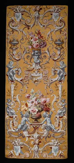 Panel (Furnishing Fabric), Lyon, 1860/80. Cherubs playing panpipes, cornucopiae, vases of flowers. Produced by Mathevon et Bouvard.