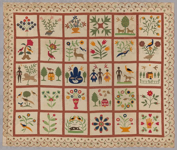 Album Quilt, New York, 1854. Made before the American Civil War (1861-1865), this quilt depicts sensitively portrayed African American figures who seem to be a family, possibly the maker's own. Appliquéd and embroidered brown fabric comprises their faces and hands, with hand-and-heart motif in the bottom right corner. Sarah Ann Wilson may have been a free black woman living in New York.
