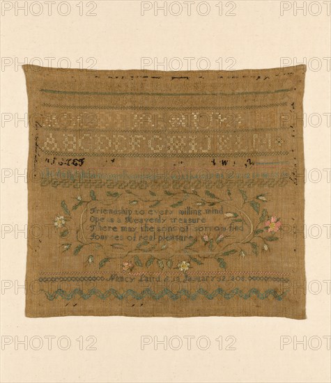 Sampler, United States, 1808. 'Friendship to every willing mind; Opens Heavenly treasure; There may the sons of sorrow find; Sources of real pleasure'.