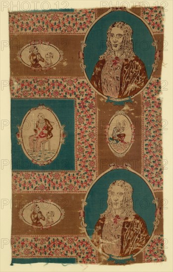 Uncle Tom's Cabin (Furnishing Fabric), United States, after 1852. Scenes from "Uncle Tom's Cabin; or, Life Among the Lowly", an anti-slavery novel, with portraits of its author Harriet Beecher Stowe.