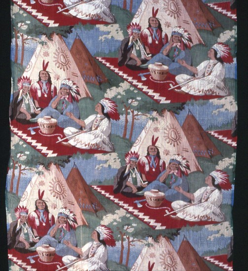 Panel (Furnishing Fabric), United States, 19th century. Motif of Native Americans sitting outside a tipi smoking pipes.