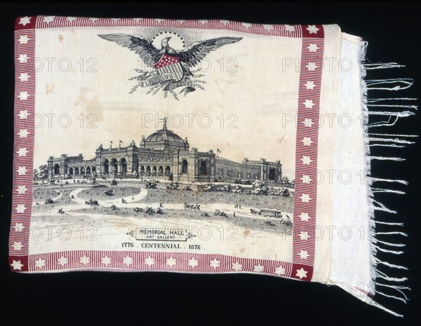 Pillow Cover (Furnishing Fabric), United States, 1876/80. The American eagle flies above the Memorial Hall and Art Gallery in Philadelphia, built to celebrate the centennial - the 100th anniversary of the signing of the US Declaration of Independence.