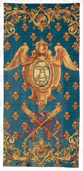 Chancellerie, France, 1718/21. Winged crest and crossed maces on a ground of fleurs de lis. Woven at the Manufacture Royale des Gobelins.