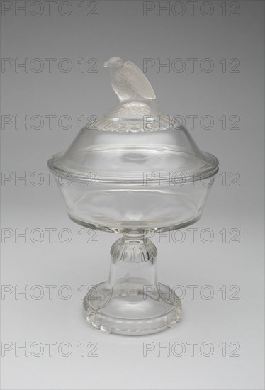 Old Abe/Frosted Eagle pattern covered compote on pedestal, 1880/90. Attributed to the Crystal Glass Company.