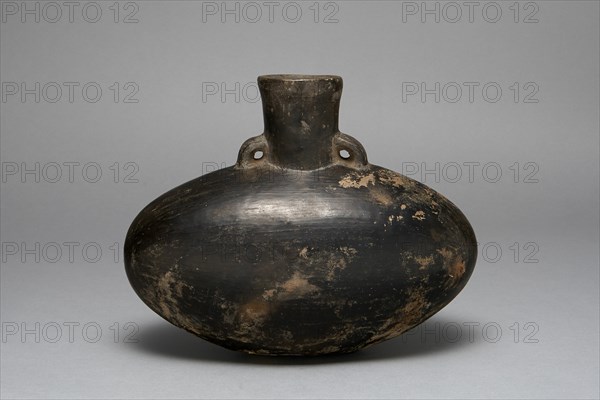 Blackware Jar with Single Spout, A.D. 1200/1450. A squat oval-shaped ceramic jar, painted black, with a cylindrical top and two very small handles on either side of the top. Some visible paint loss.