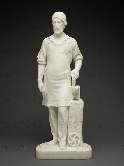 Machinist, c. 1859. White marble statue of machinist with hammer, anvil, and cogs.