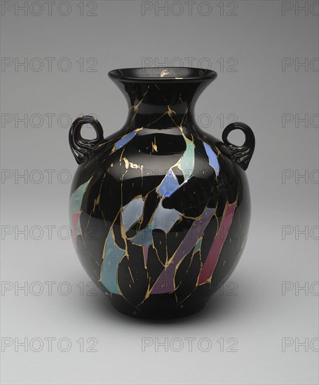 Sicilian Vase, c. 1878. Inspired by excavations of the ancient city of Pompeii in the 1860s. Separate shards of fused glass are incorporated in the structure which also includes the chemical elements of volcanic lava. Designed by Frederick S. Shirley.