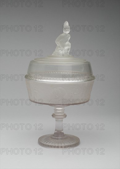 Westward Ho!/Pioneer pattern covered compote on pedestal, c. 1876.