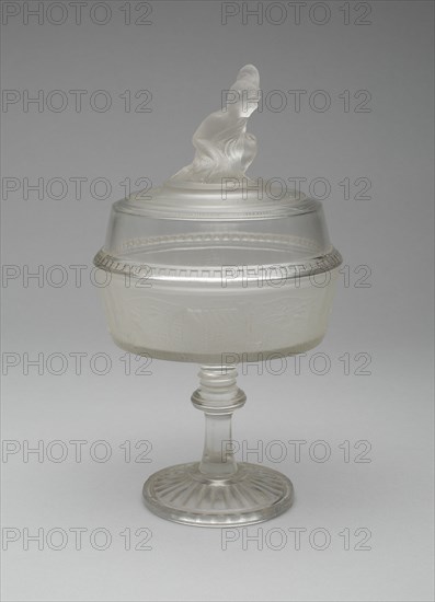 Westward Ho!/Pioneer pattern covered compote on pedestal, c. 1876.