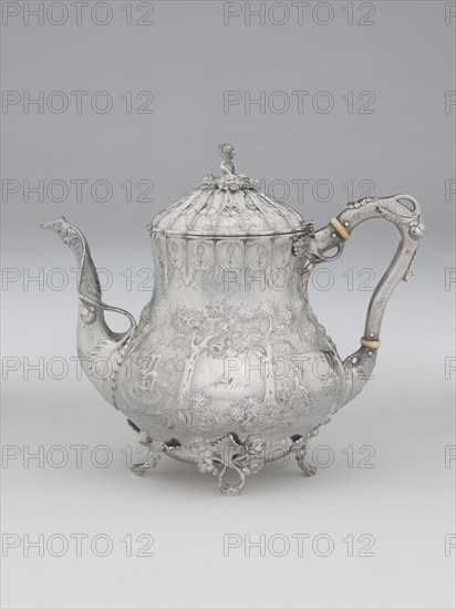 Hot Water Pot, 1850. Floral decoration with 'Almy' inscribed between repoussé trees.