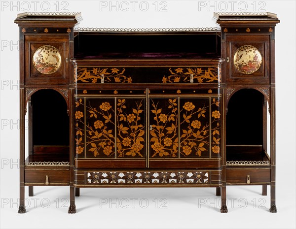 Cabinet, 1878/80. Wood cabinet with lighter wood floral design and brass.
