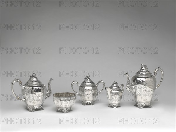 Set of silver tableware, 1852/64. Teapot, coffee pot, sugar bowl, slop bowl and jug.