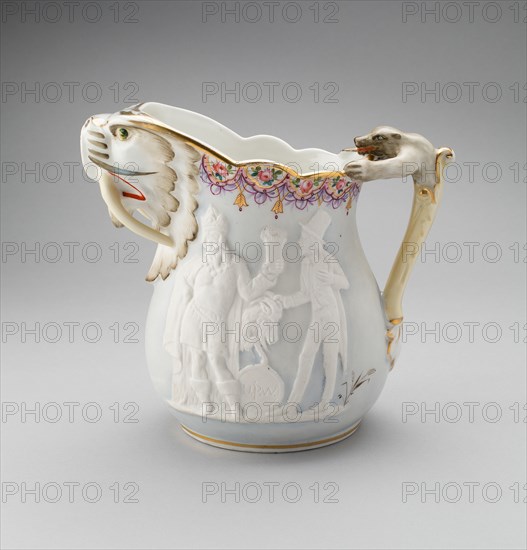 Bar Pitcher, c. 1880. Jug with bear-shaped handle and long-tusked walrus spout. Relief decoration of King Gambrinus, legendary inventor of beer, presenting a keg to Brother Jonathan, a fictional character symbolising the United States.