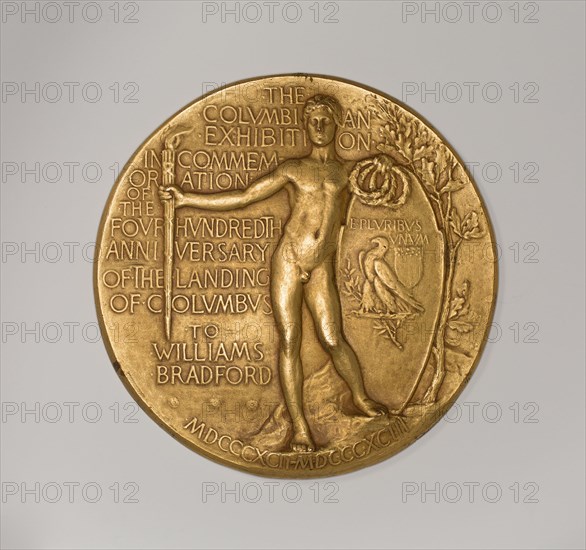 World's Columbian Exposition Commemorative Presentation Medal, 1892/94. Male nude holding flaming torch and laurel wreaths. 'The Columbian Exhibition - in Commemoration of the Four Hundredth Anniversary of the Landing of Columbus - to Williams Bradford'.