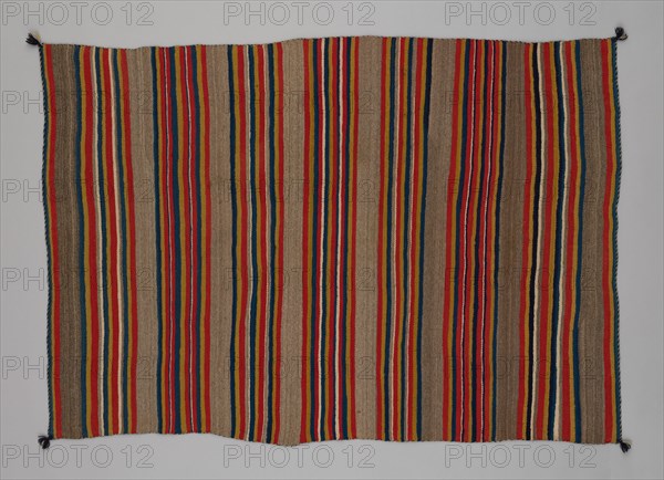 Shoulder Blanket with Plain-Stripe Design, 1860/90. A work made of wool, plain weave with "lazy lines" and dovetail tapestry weave; twined warp ends and selvages; knotted corner tassels.