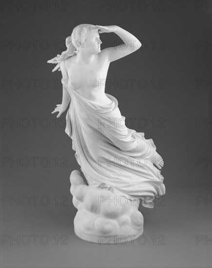 The Lost Pleiade, 1874/75. Marble sculpture of the outcast Merope partially clothed, her hand raised to her forehead as she searches for her celestial family.