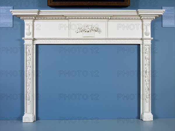 Mantel, 1813. Wooden fire surround with carved grape vines, cornucopia, and baskets of fruit and flowers. Made for Oak Hill, Elizabeth Derby West's country estate in South Danvers, Massachusetts